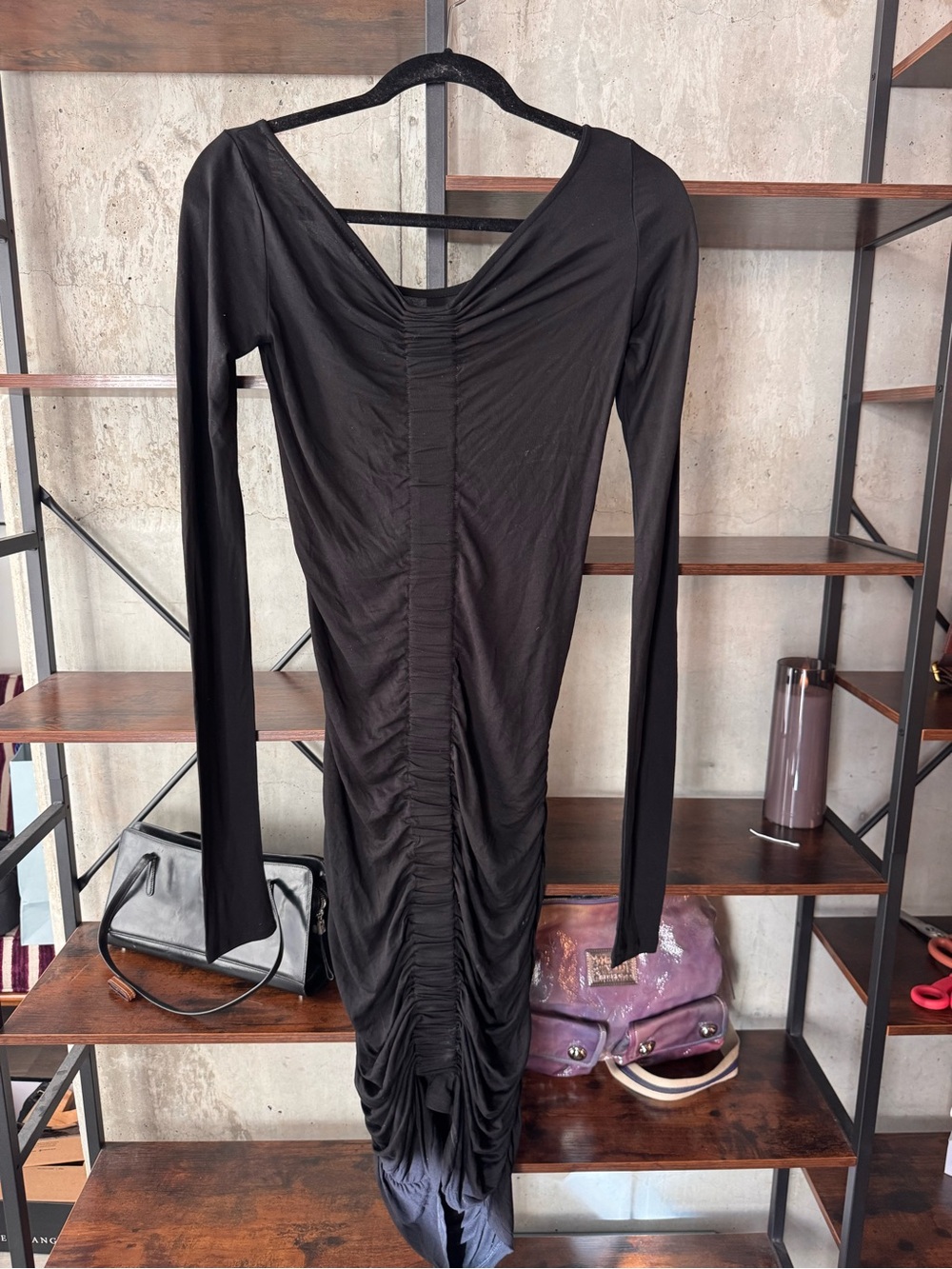 All Saints Black Long-Sleeve Ruched Midi Dress